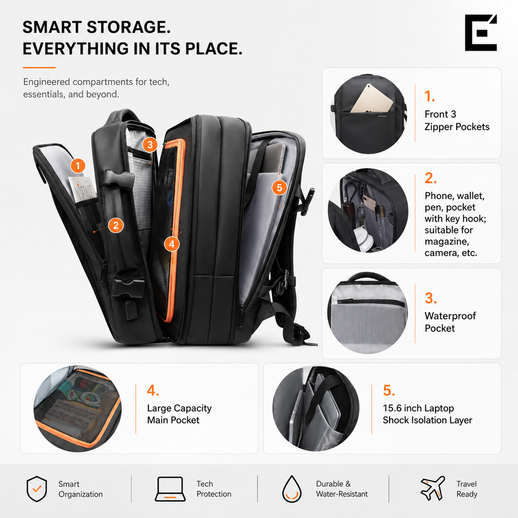 EzzyGuard™ Expandable Anti-Theft Business & Travel Backpack – Fits 15.6” Laptop