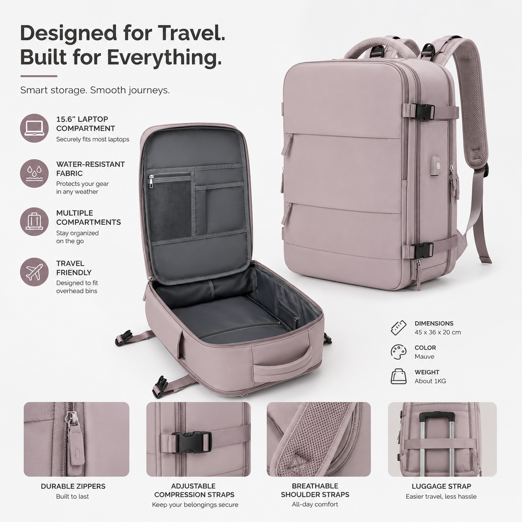 EzzyMochila™ Cabin-Size Waterproof Travel & Laptop Backpack – Carry-On Ready