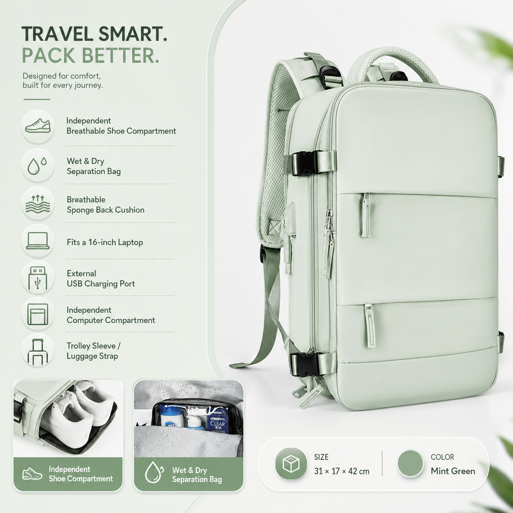 EzzyMochila™ Cabin-Size Waterproof Travel & Laptop Backpack – Carry-On Ready