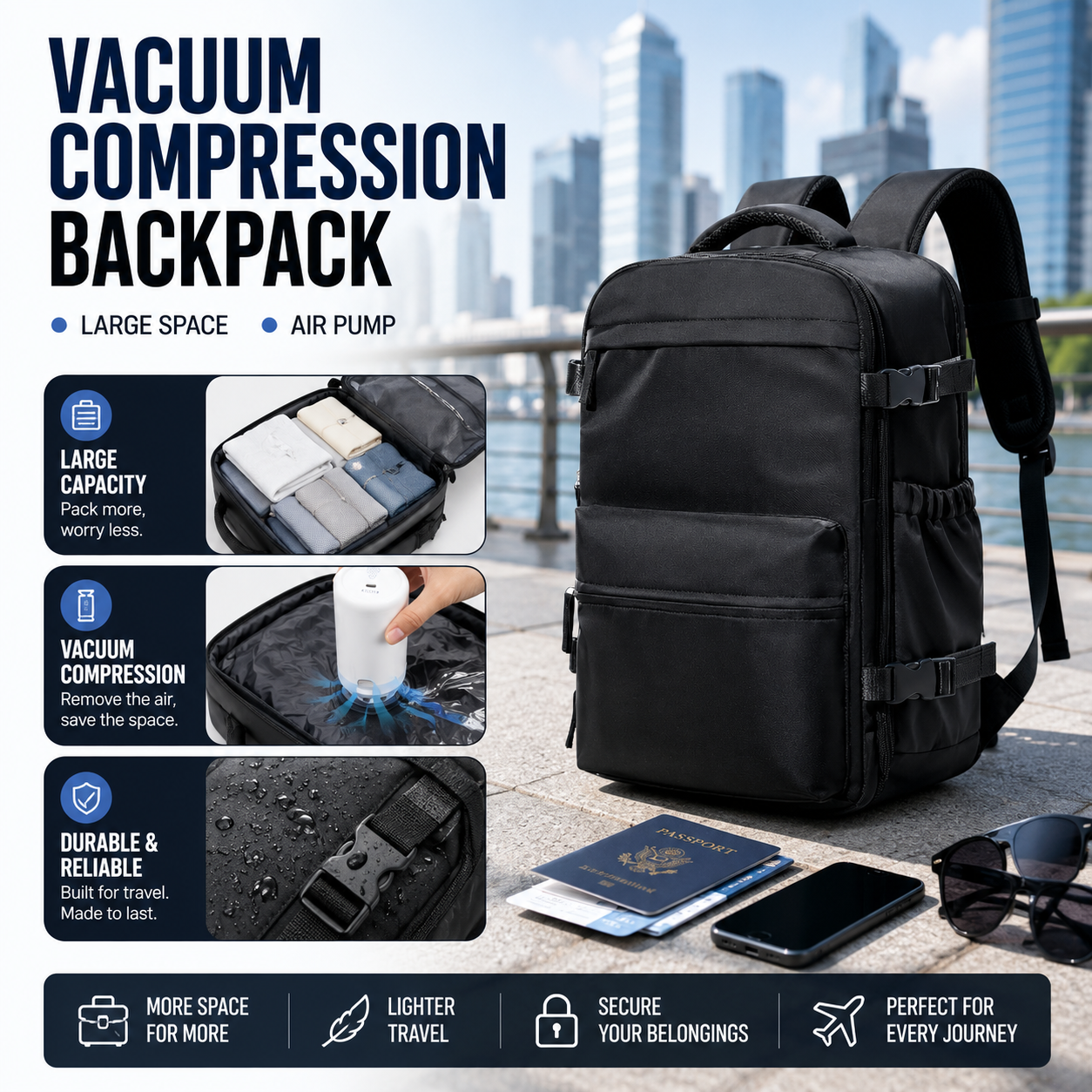 EzzyVac™ Expandable Vacuum Travel Backpack – Large Capacity, Business & Adventure Ready