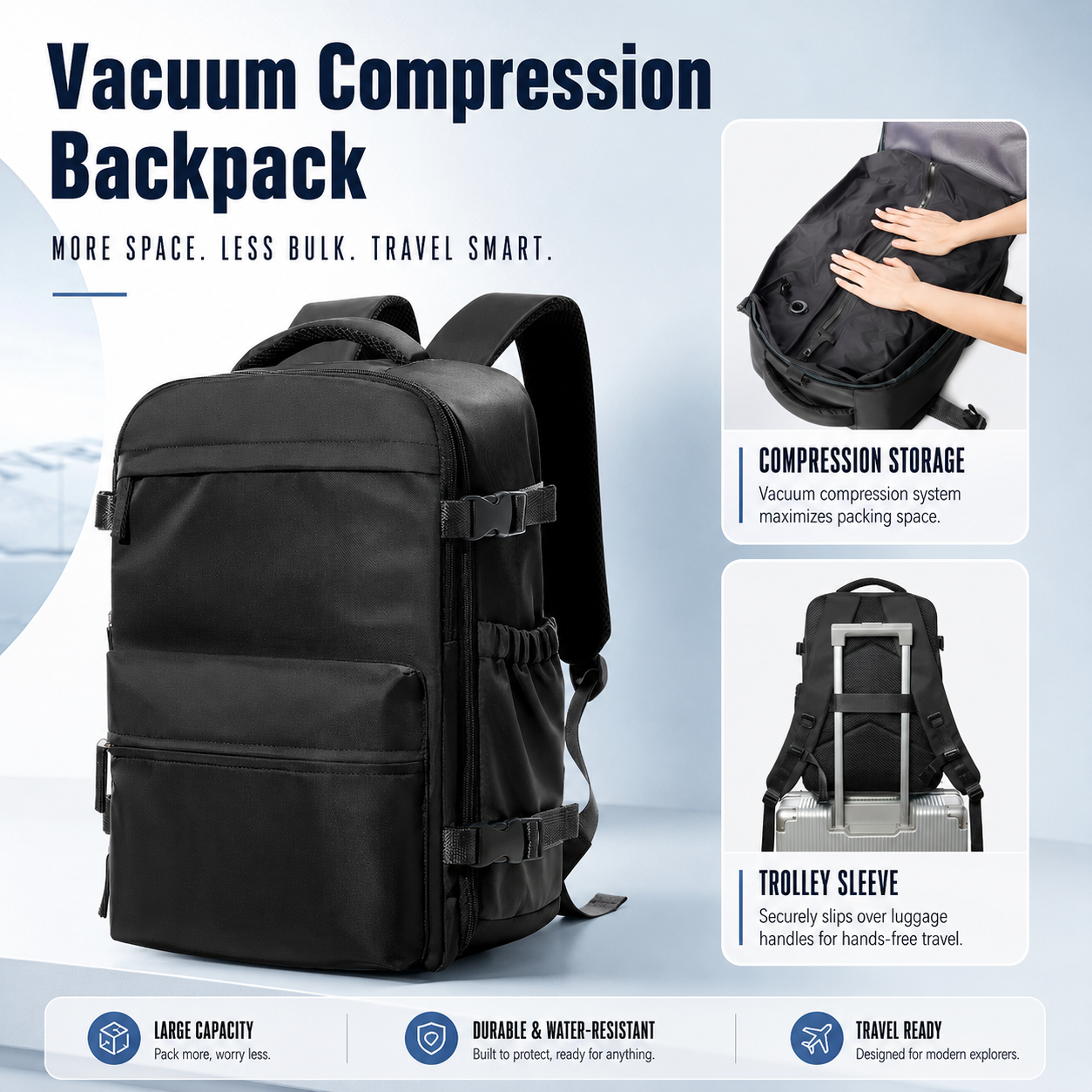 EzzyVac™ Expandable Vacuum Travel Backpack – Large Capacity, Business & Adventure Ready