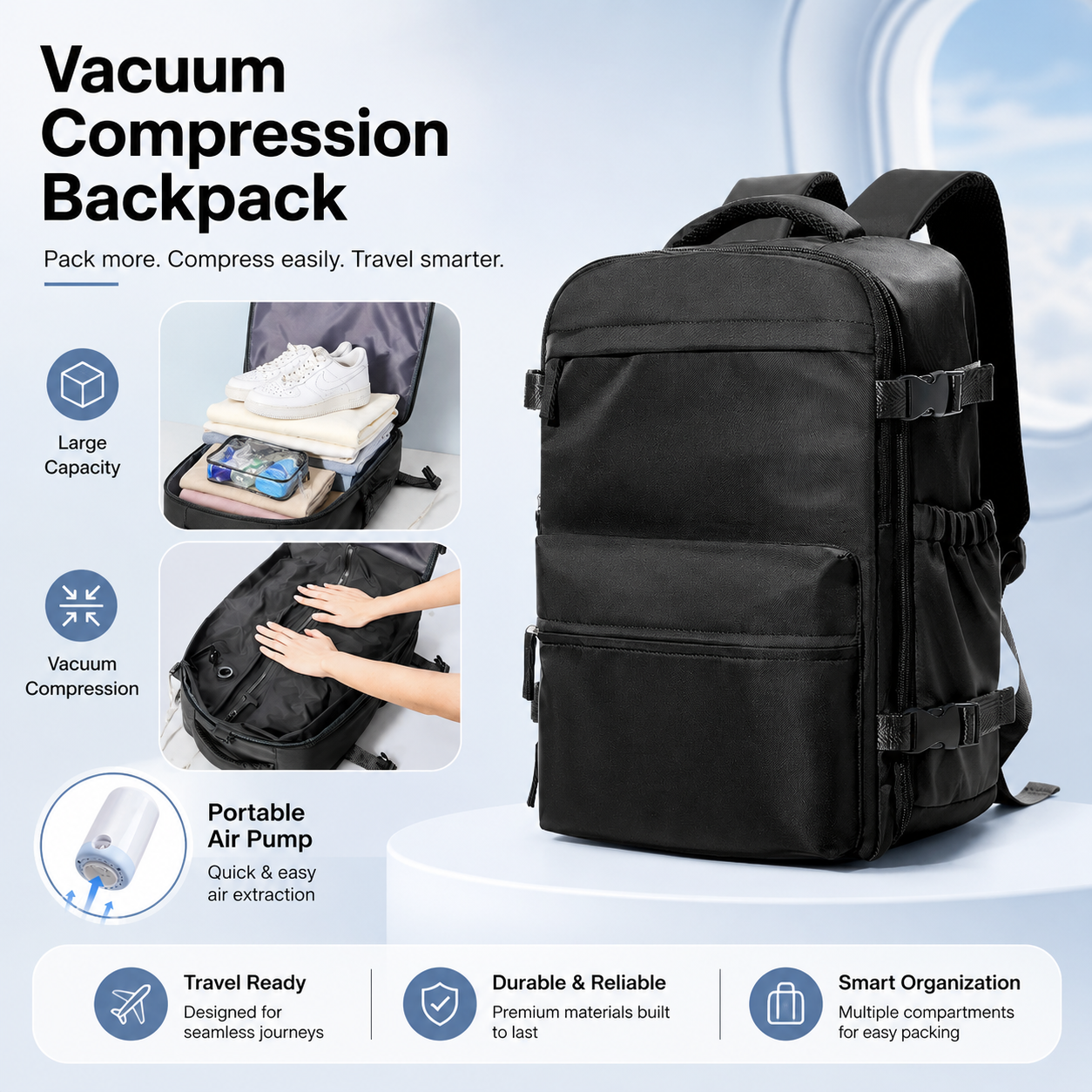 EzzyVac™ Expandable Vacuum Travel Backpack – Large Capacity, Business & Adventure Ready